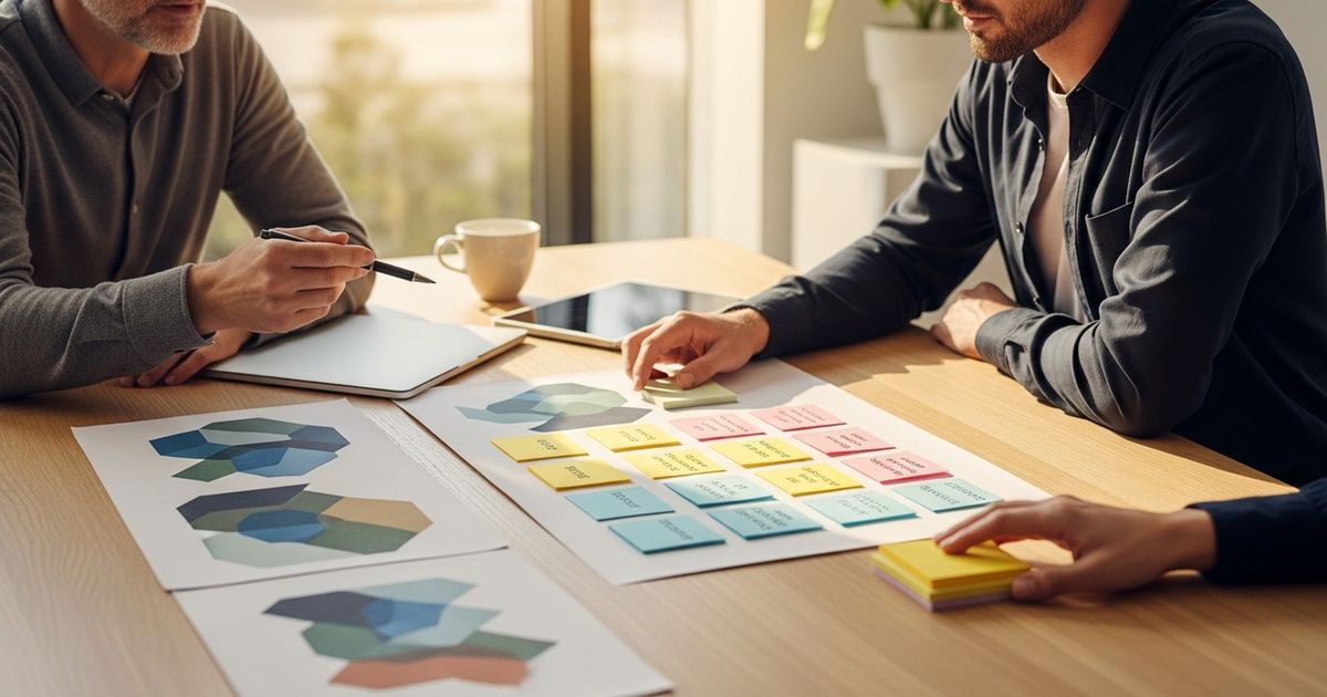 Business coach and client reviewing strategy sketches in a modern office, representing SEO strategy and content planning for coaching businesses.