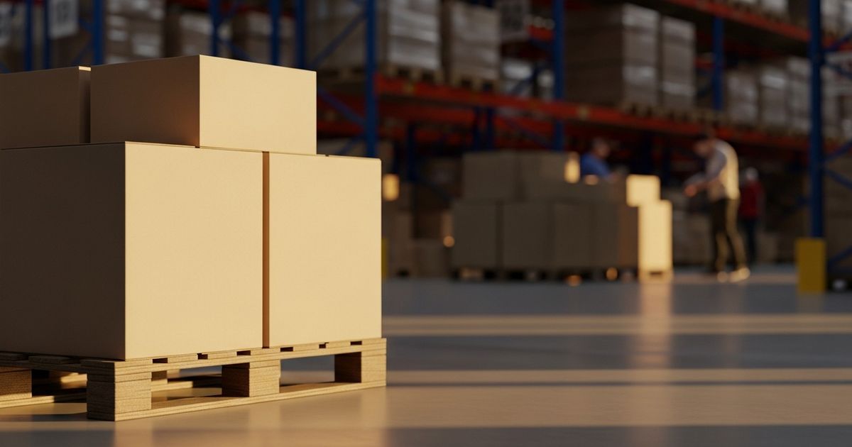 Warm-toned, hyper-realistic close-up of unbranded boxes stacked in a modern warehouse, evoking distribution and logistics.