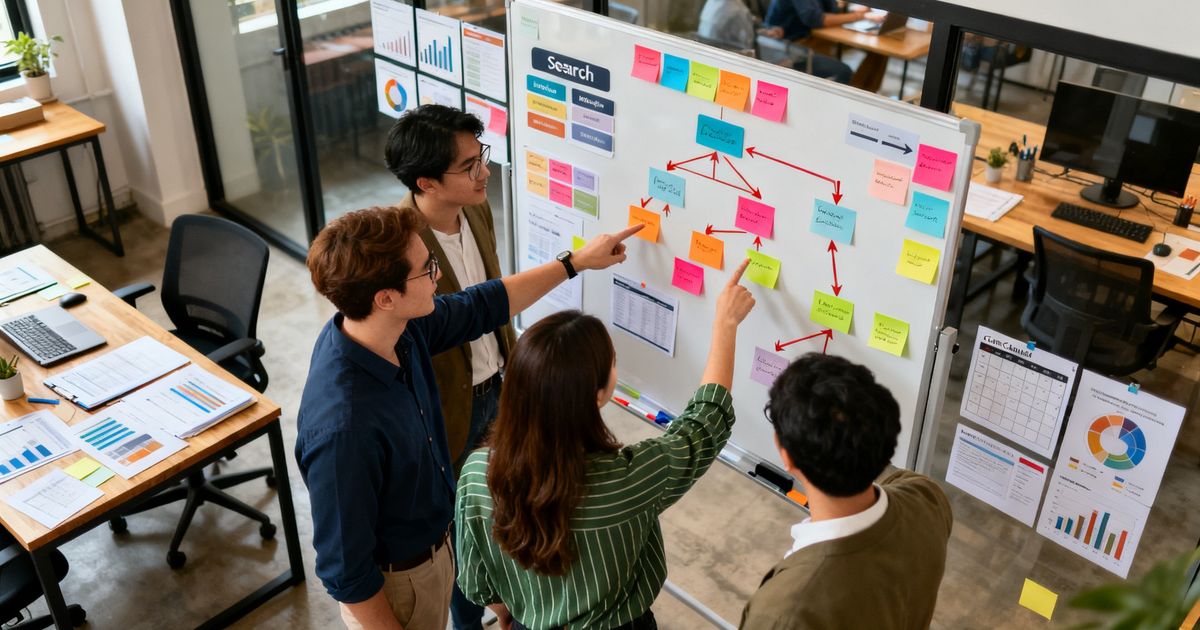 Marketing team mapping a content cluster on a whiteboard for Episerver SEO