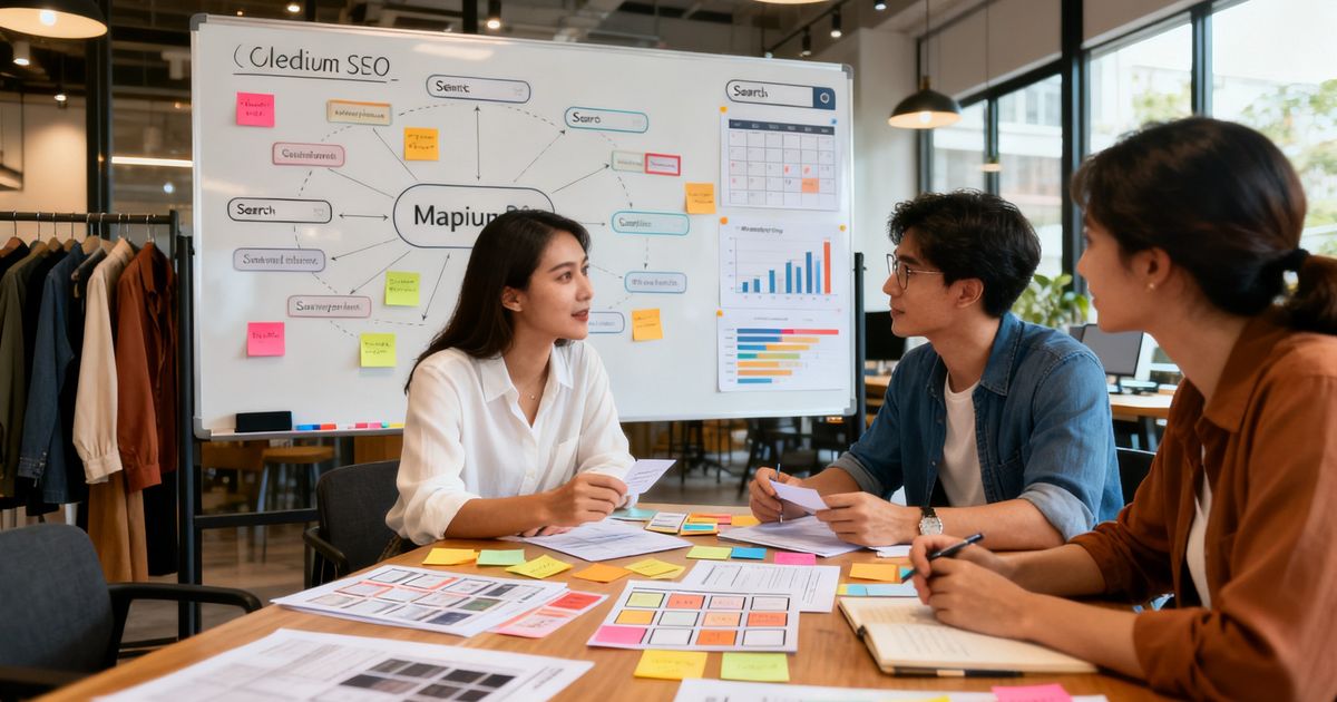 Content strategist mapping Medium SEO topic clusters on a whiteboard