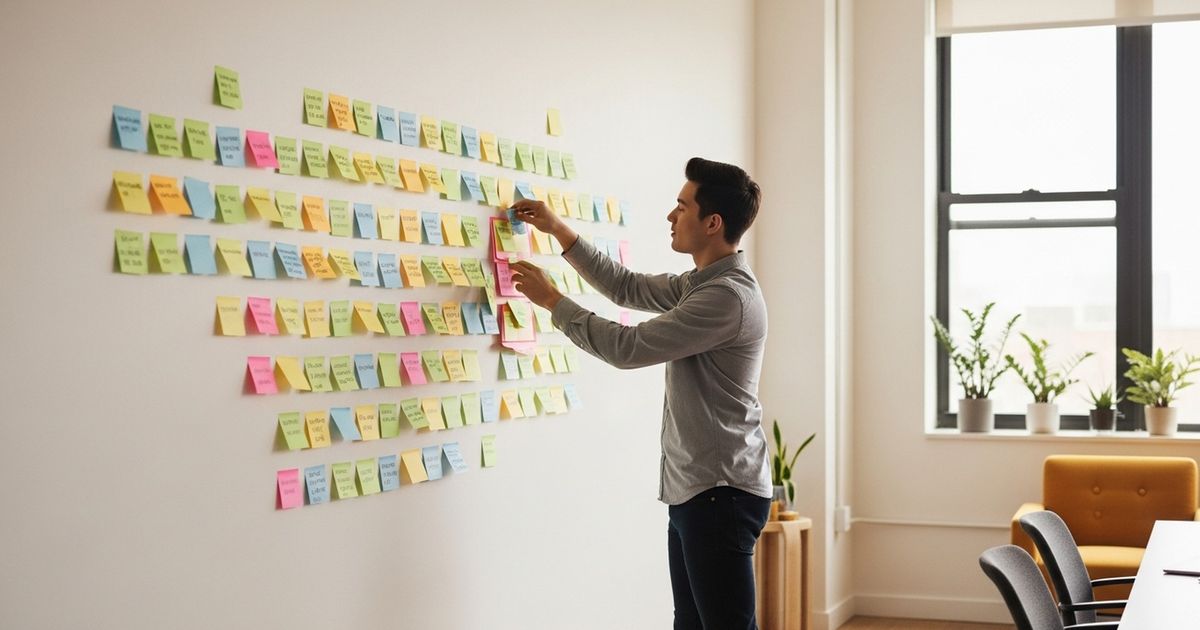 SEO strategist arranging sticky notes to map competitor keyword clusters during competitor keyword analysis in a startup marketing office