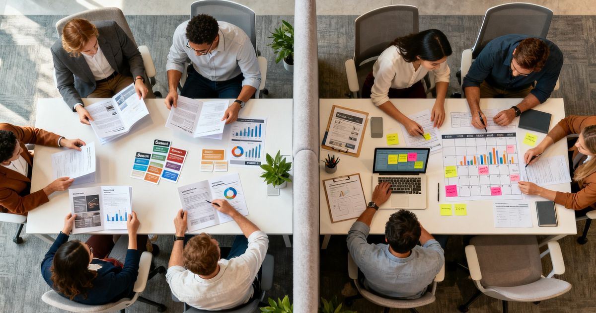 Two marketing teams working side-by-side in a modern office, illustrating a Clearscope vs Frase comparison