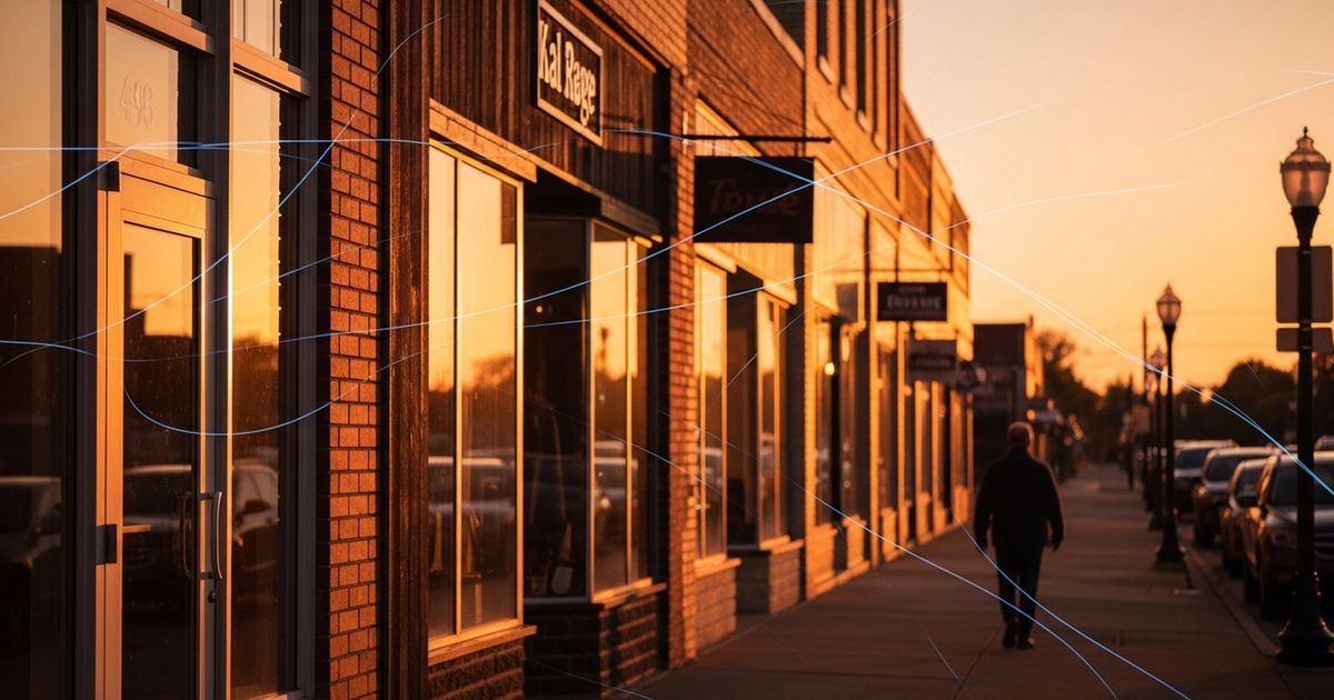 Warm, hyper-realistic editorial image of a modern small-business street at golden hour conveying local business and digital connection
