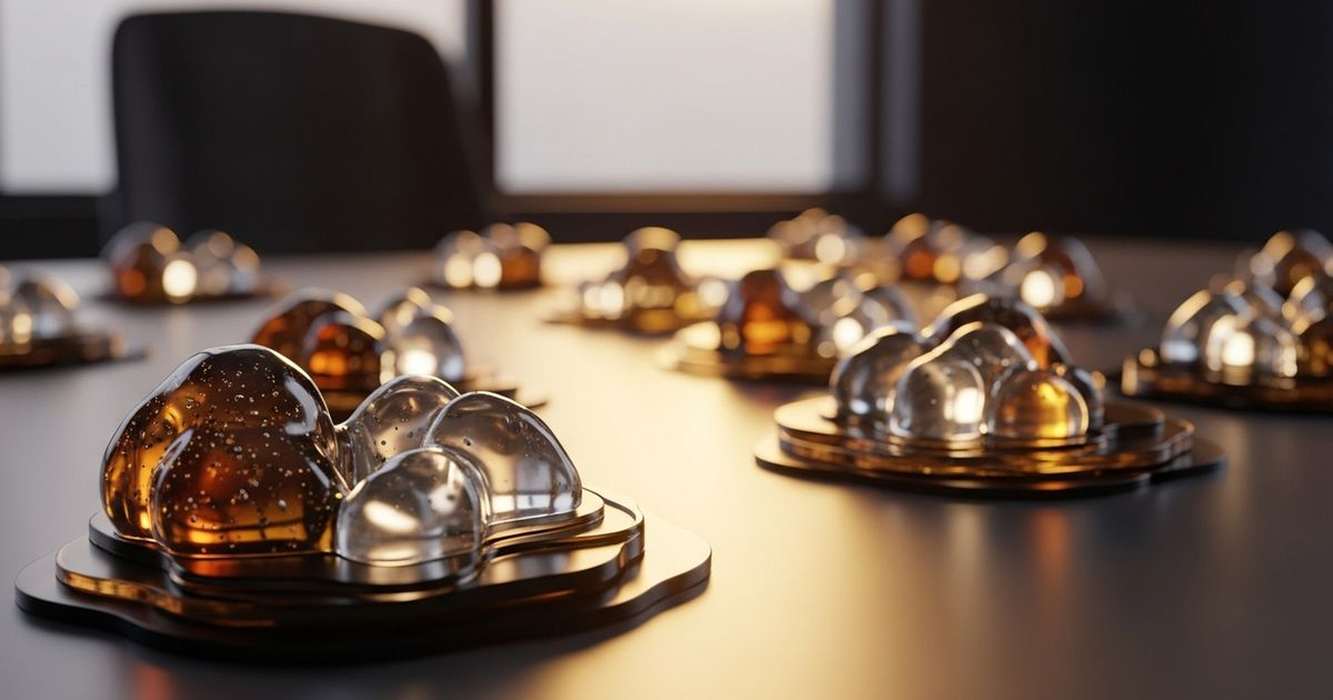 Abstract hyper-realistic editorial image of a sculptural network node cluster on a modern desk, warm tones representing cybersecurity and strategic connection