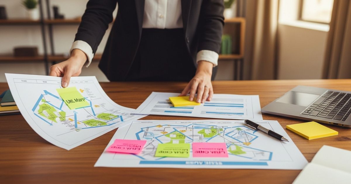 SEO specialist arranging URL mapping with sticky notes to plan how to implement hreflang tags