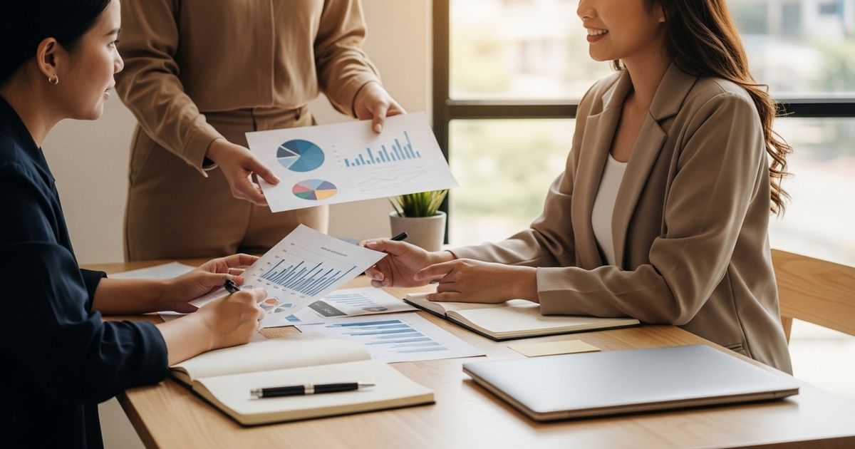 Small marketing team reviewing printed SEO strategy charts in a modern office, illustrating collaboration between in-house staff and an outsourced SEO provider.