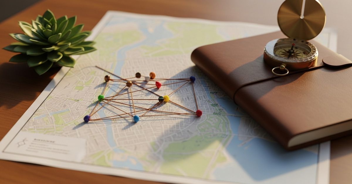 Warm, hyper-realistic close-up of a planning table with a paper city map, pins, and notebook evoking local strategy and planning.
