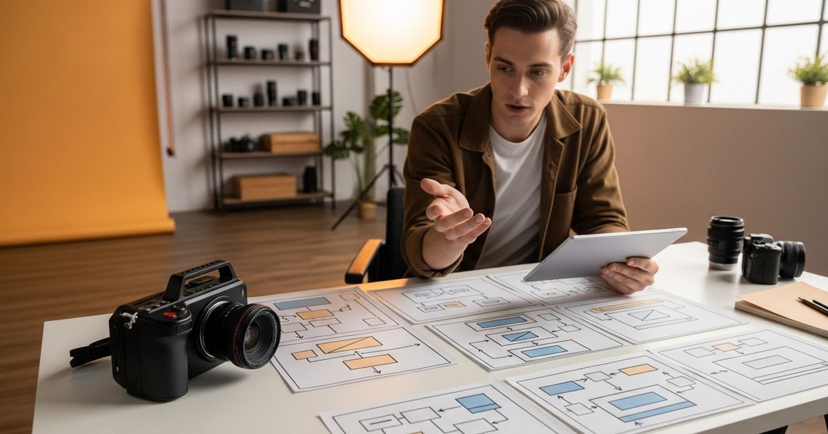Professional videographer entering a modern studio carrying a cinema camera and tripod, storyboard on a nearby table