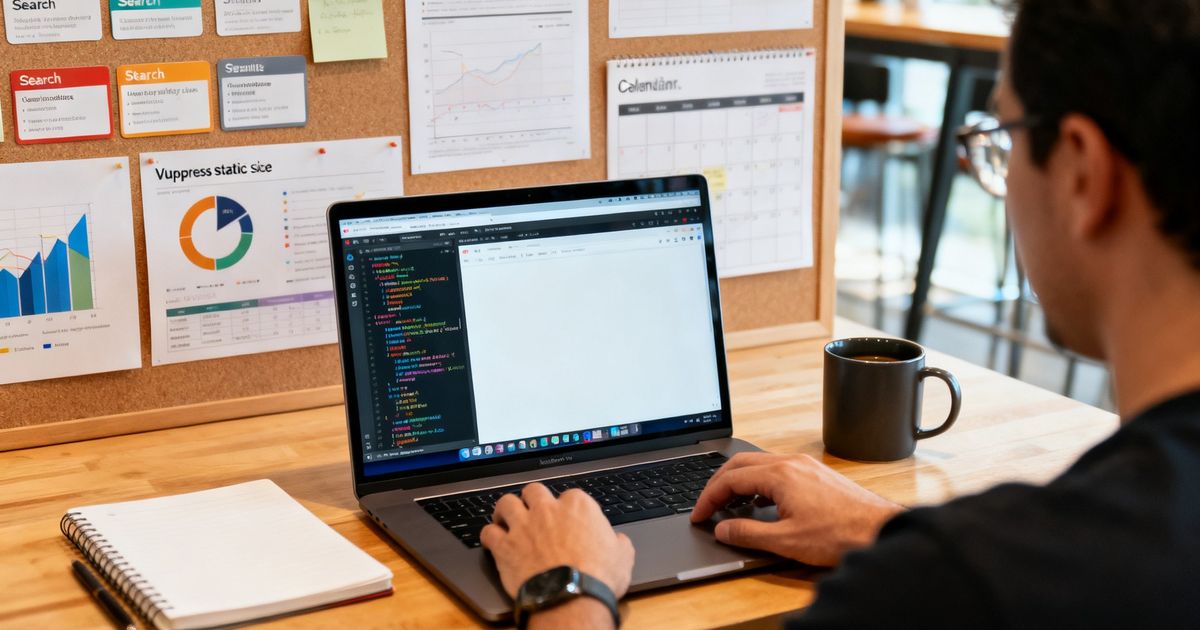 Developer configuring VuePress SEO settings on a laptop in a coworking space, illustrating VuePress SEO