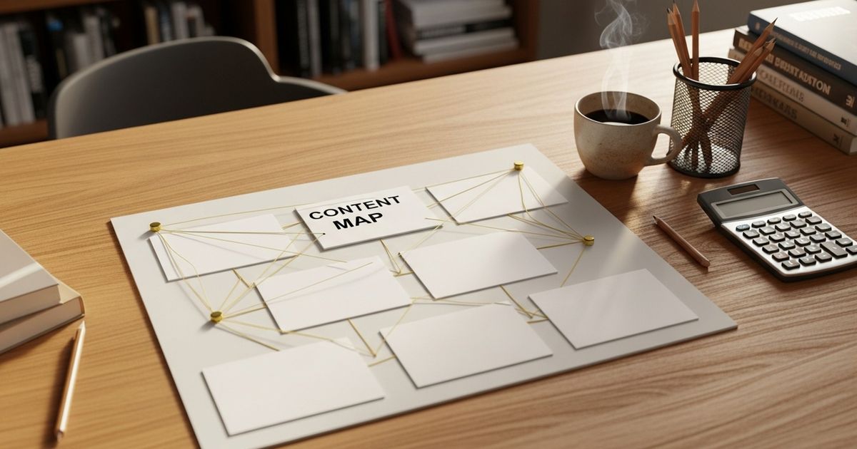 Warm overhead study desk with blank index cards connected by golden threads, evoking topic clusters and content mapping for test prep SEO.