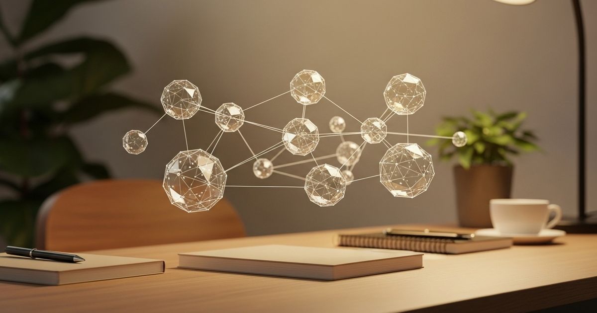 Abstract hyper-realistic 3D network of connected nodes floating above a modern desk, representing entities and relationships in SEO.