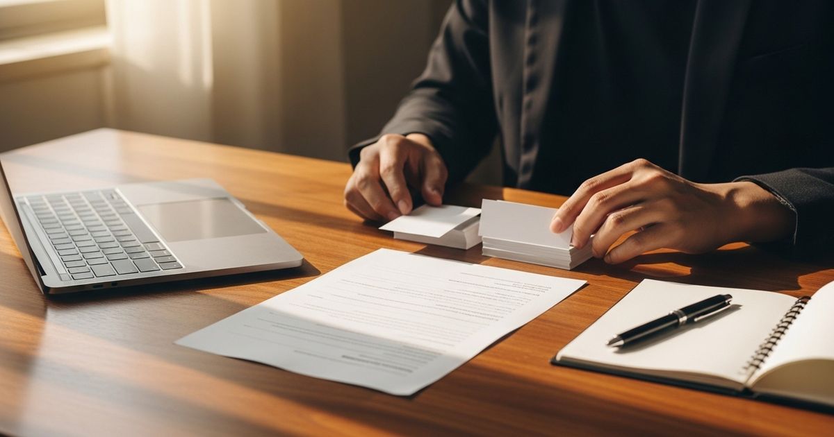 Small business owner organizing business cards and listing materials at a neat desk to prepare local citations.
