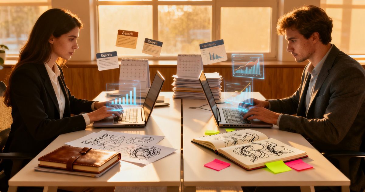 Two marketing professionals comparing AI content tools side by side, illustrating clearscope vs copy.ai