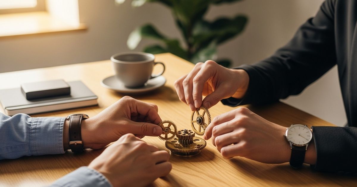 Two professionals assembling interlocking gears on a modern desk to represent building an open-source AI SEO toolchain.