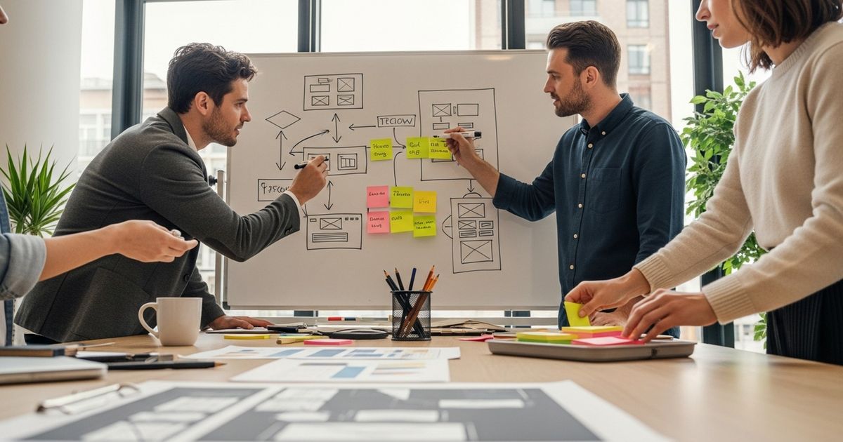 Marketing team mapping website architecture on a whiteboard in a modern startup office — how to optimize site architecture
