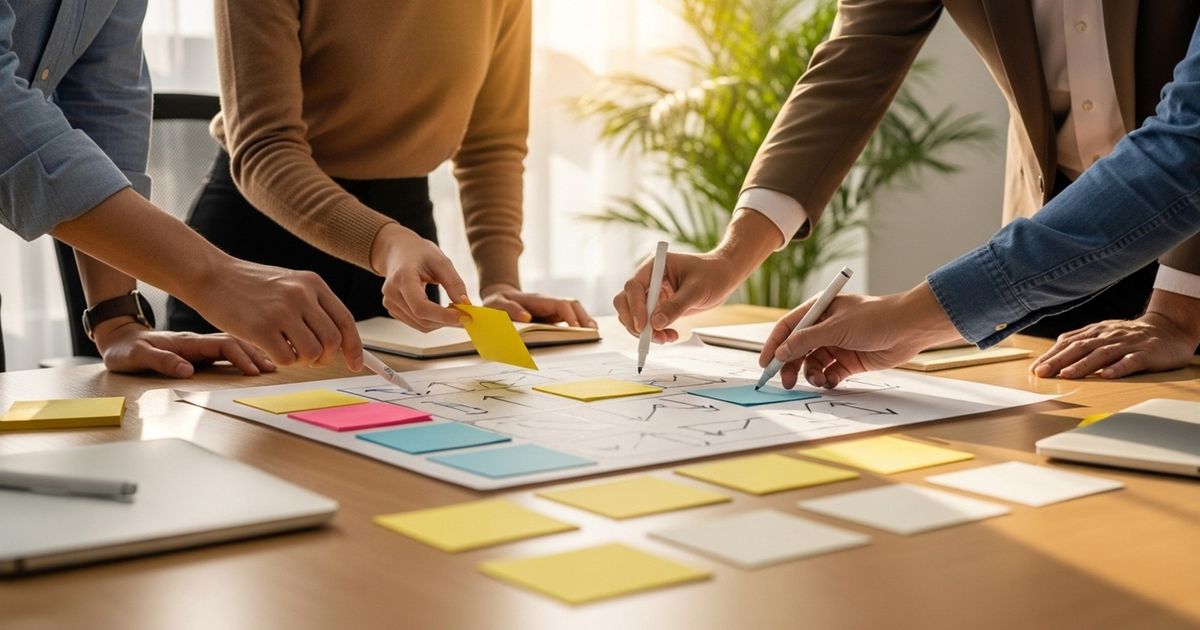 Team collaborating around a table with color-coded cards and sticky notes representing an automated SEO content workflow (no text visible).