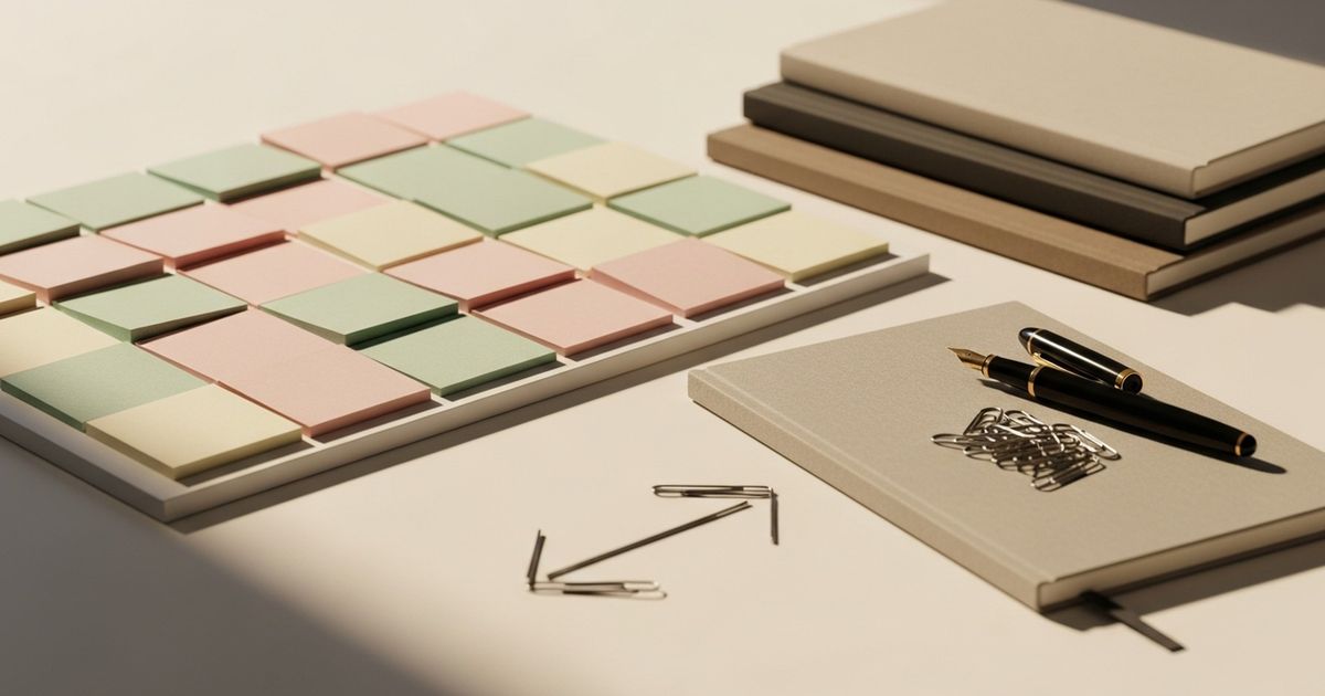 Warm-styled desk scene with clustered blank sticky notes and notebooks suggesting content planning and workflow organization