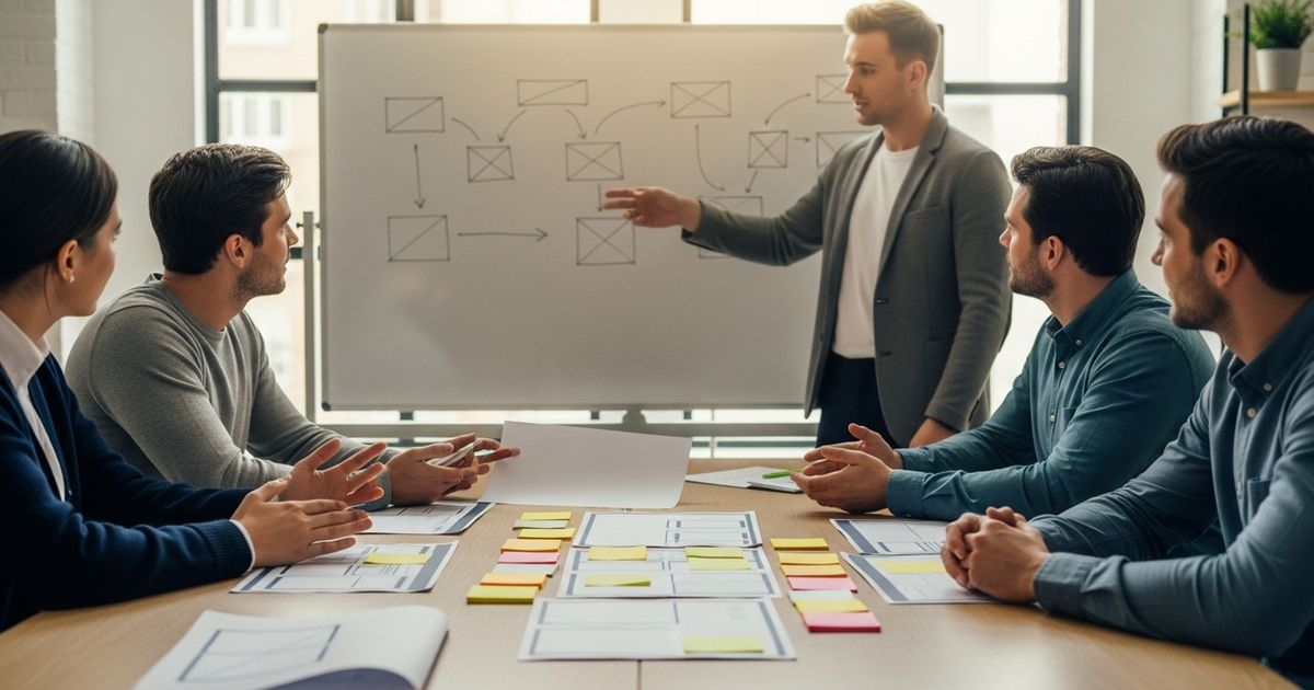 Content team planning a featured-snippet-optimized article with blank wireframes and sticky notes