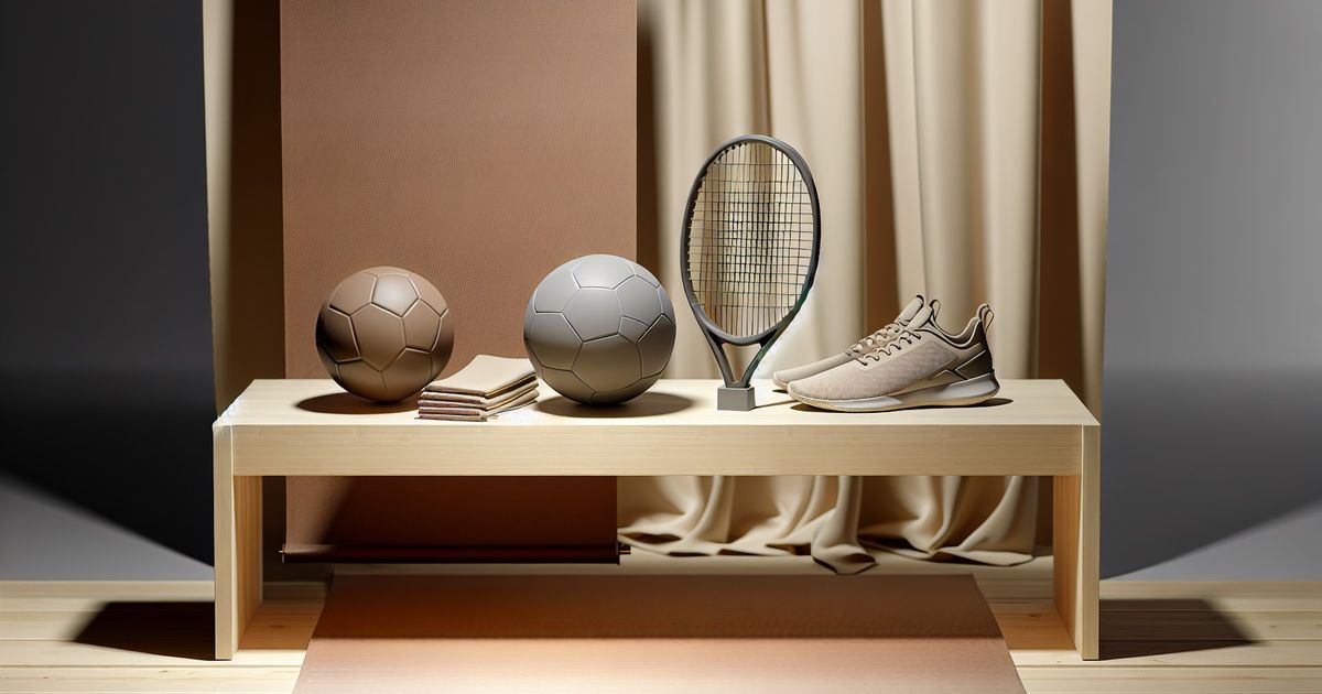 Artful, hyper-realistic retail display of unbranded sporting gear on a warm-toned table representing a sporting goods store