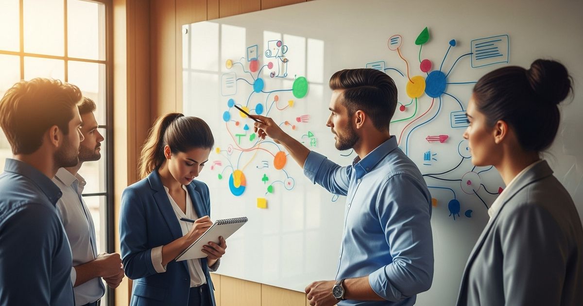 Founder and team reviewing abstract strategic SEO charts on a glass whiteboard in a modern meeting room