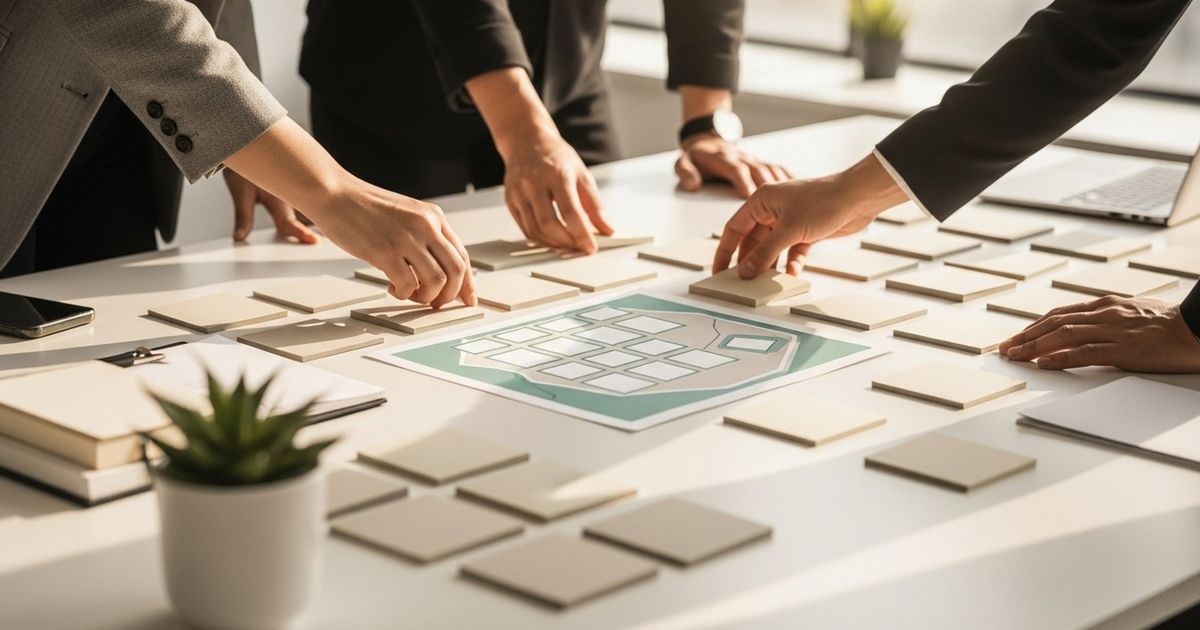 Team arranging blank index cards and templates to plan a scalable content architecture.