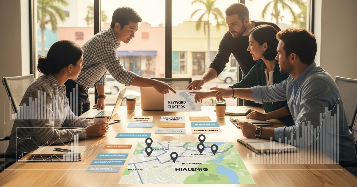 Marketing team collaborating around a conference table in a modern Hialeah, Florida office — SEO agencies in Hialeah