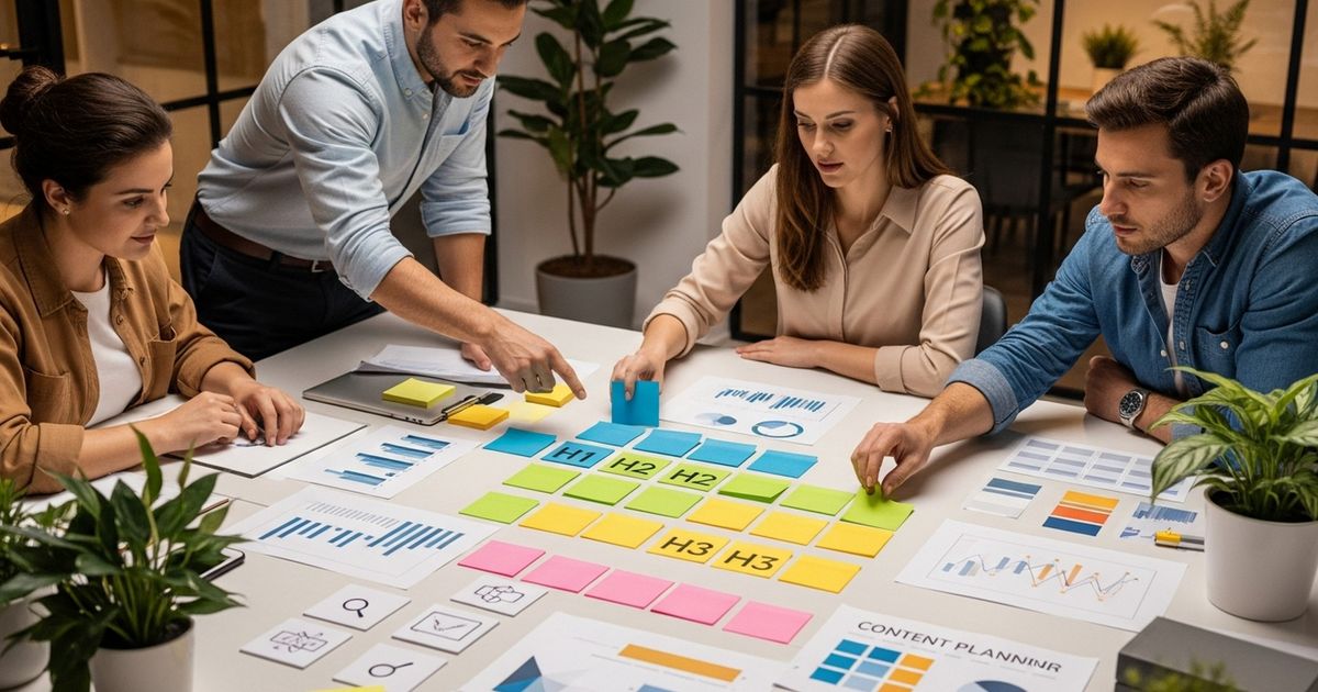 Content strategist organizing header hierarchy on sticky notes while planning headings — how to use headers for seo
