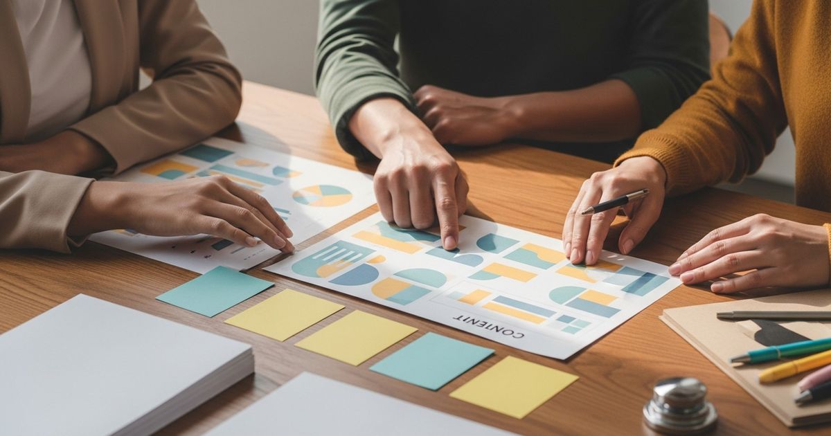 Marketing team reviewing printed charts and content cards during an SEO onboarding session