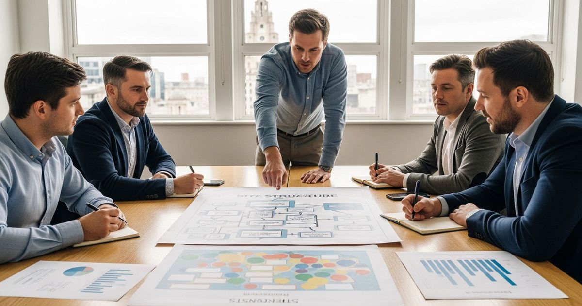 Marketing team collaborating in a Liverpool office around a conference table discussing SEO agencies in Liverpool