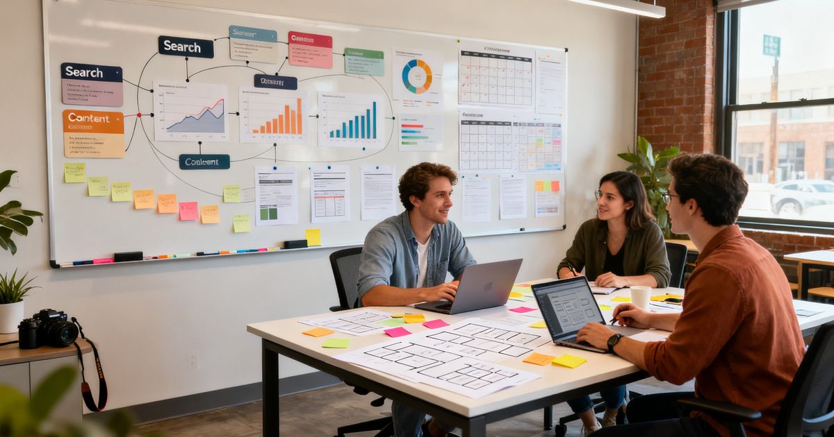 Course creator mapping topic clusters on a whiteboard in a startup co-working office — learnworlds seo planning session
