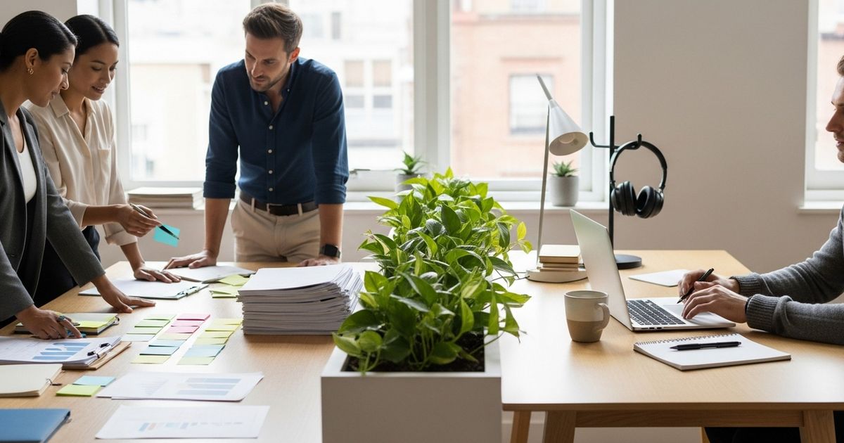 Two adjacent workspaces representing a done-for-you agency team collaborating and a freelancer at a home office, photographed in a warm modern style.