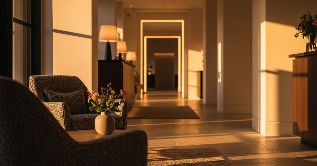 Warm, modern hotel lobby with elegant seating and soft lighting conveying hospitality and quality.