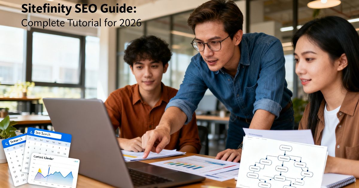 Content manager reviewing Sitefinity SEO setup with team at a desk (Sitefinity SEO)
