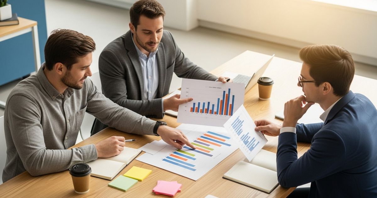 Startup founders reviewing printed charts and sketches around a table, planning organic and paid marketing strategies.