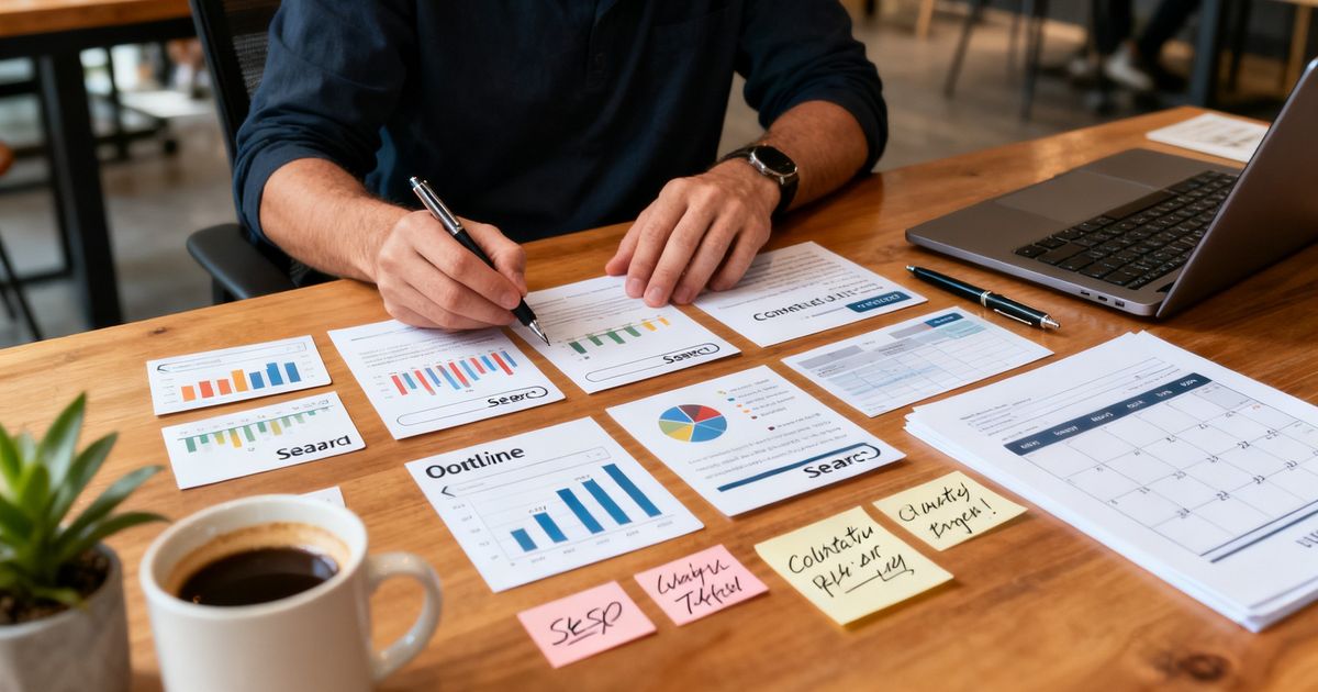 Developer arranging a Dev.to article outline on paper cards on a desk — dev.to seo