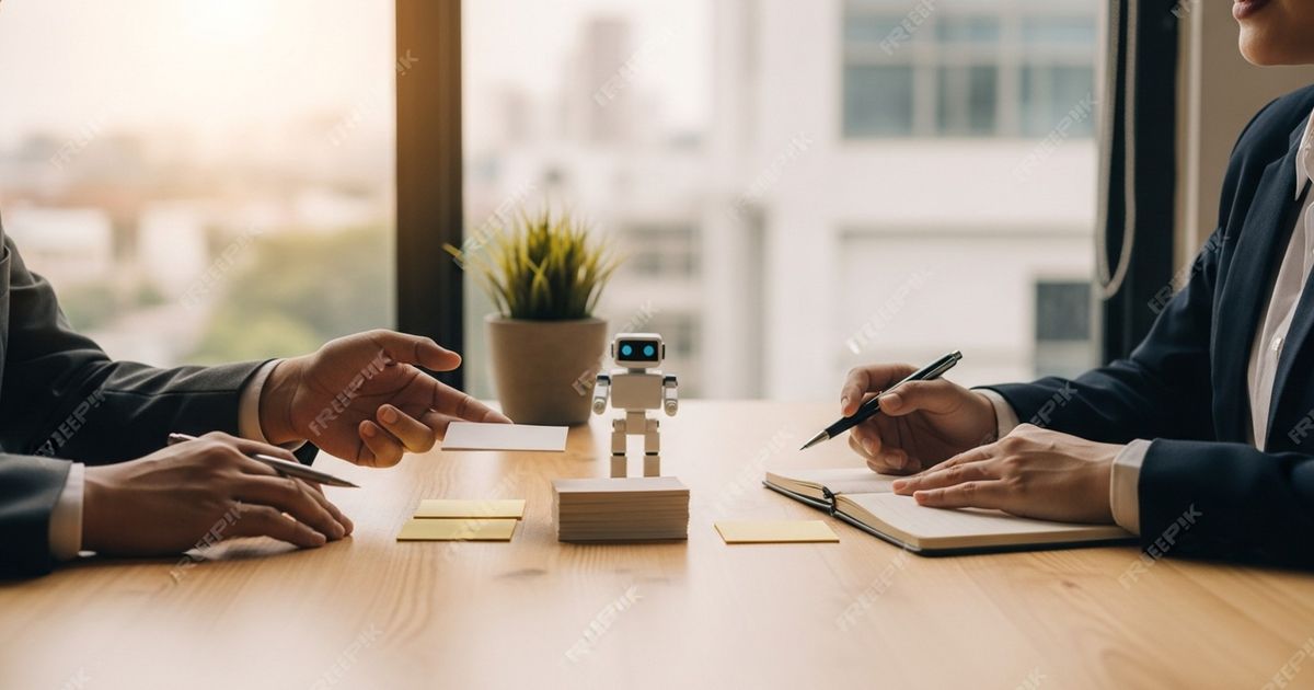 Two marketing professionals discussing content strategy across a table with blank index cards and a small robot figurine, symbolizing AI tools versus agencies.