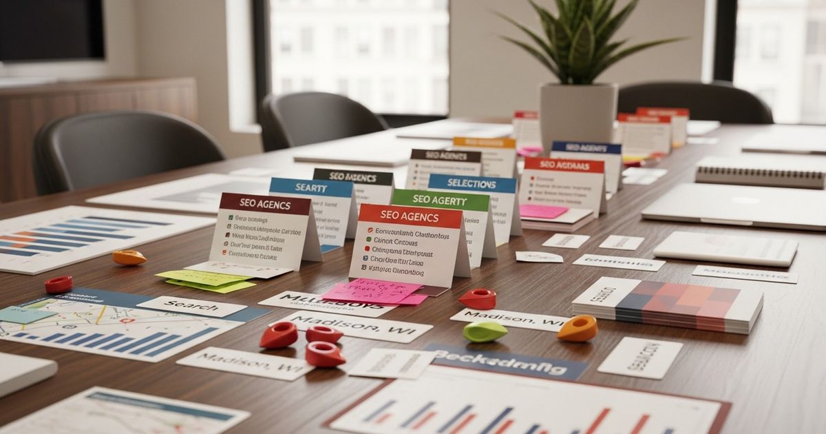 Marketing team collaborating in a Madison office discussing SEO strategy for local businesses — seo agencies in madison