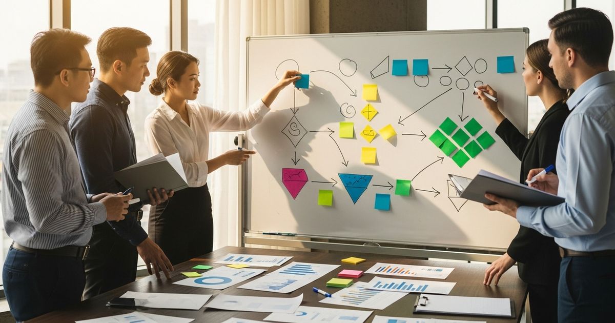 Marketing team planning how to set up conversion tracking with sticky notes on a whiteboard in a modern startup office