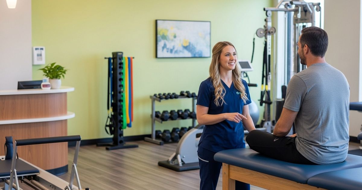 Hyper-realistic photo of a modern physical therapy clinic with a therapist and patient near a treatment table, warm lighting and clean professional interior.