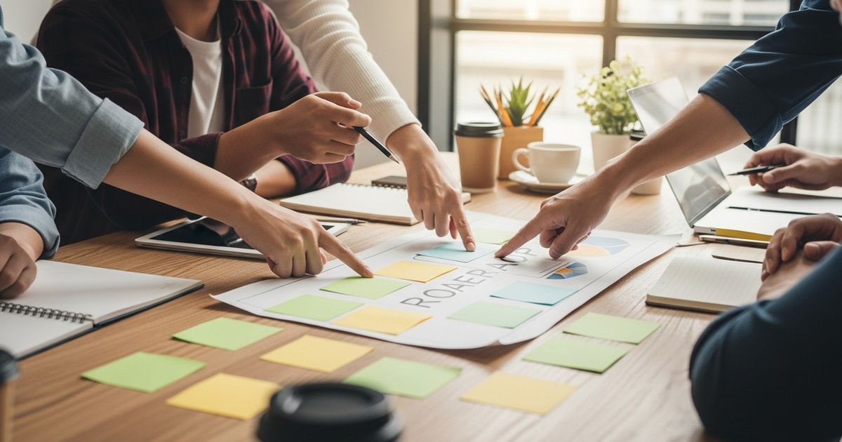 Founders collaborating over a table with blank sticky notes and a visual roadmap, planning SEO priorities and content strategy.