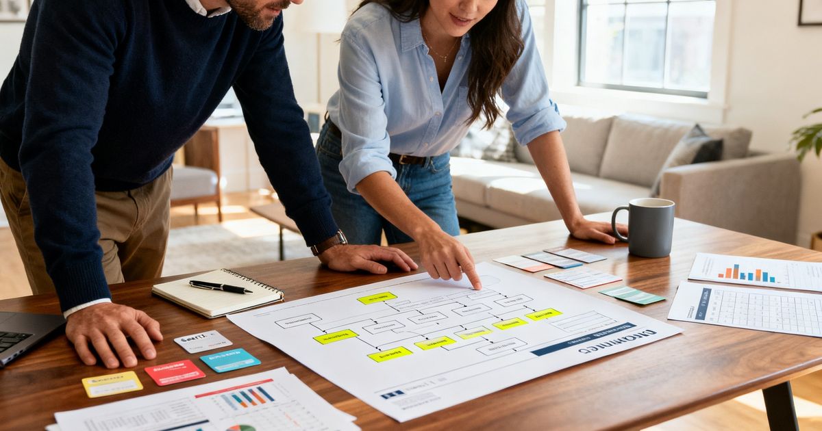 Founder and marketer planning a Weebly SEO site structure over a printed sitemap