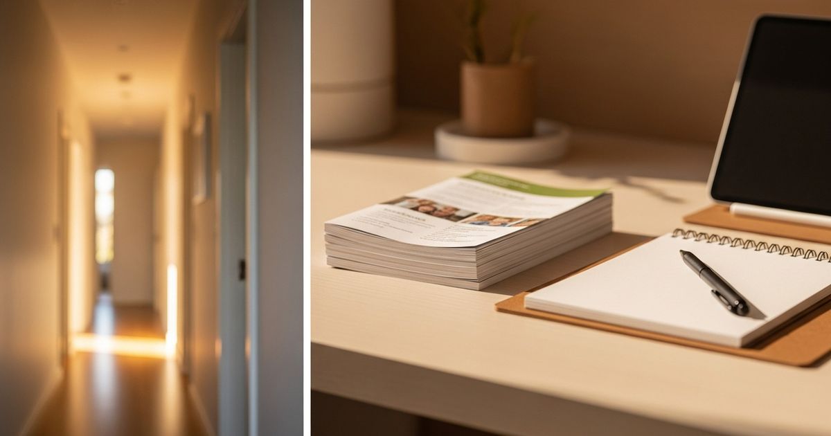 Warm editorial scene blending a home interior and organized workspace, evoking in‑home care and digital marketing for home health agencies