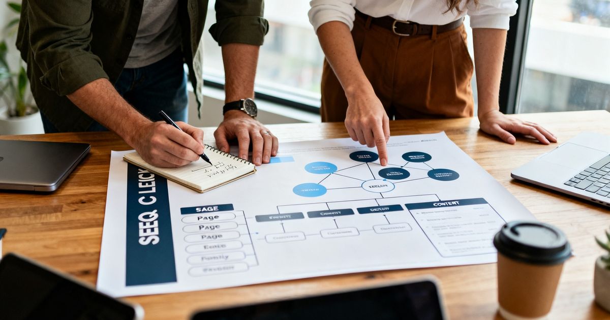SEO specialist and developer mapping a website sitemap and content clusters for Joomla SEO