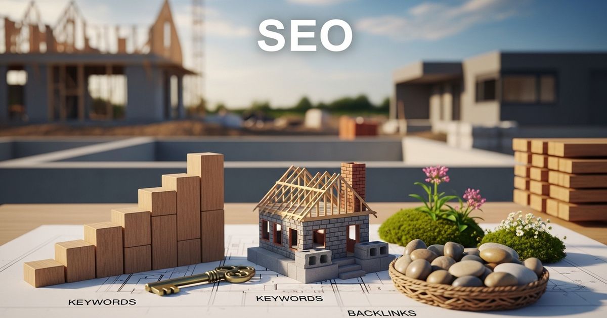 Home builder team reviewing blueprints at a construction site in front of a newly framed house