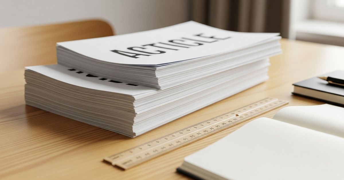 Hyper-realistic scene of three stacks of printed article drafts of different thicknesses on a modern desk, symbolizing different content lengths.