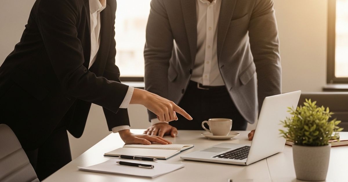 Two marketing professionals discussing SEO tool selection at a warm, modern conference table with a closed laptop and blank notepad.