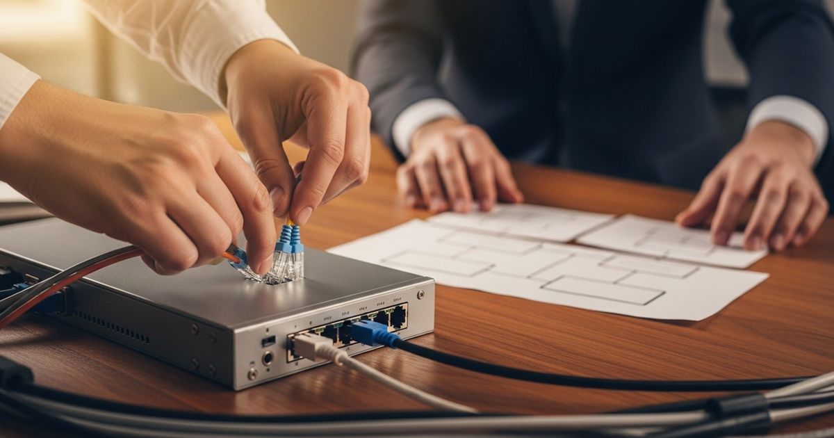 Close-up of hands connecting network cables and arranging blank flowchart cards, symbolizing CMS integrations and workflow automation.