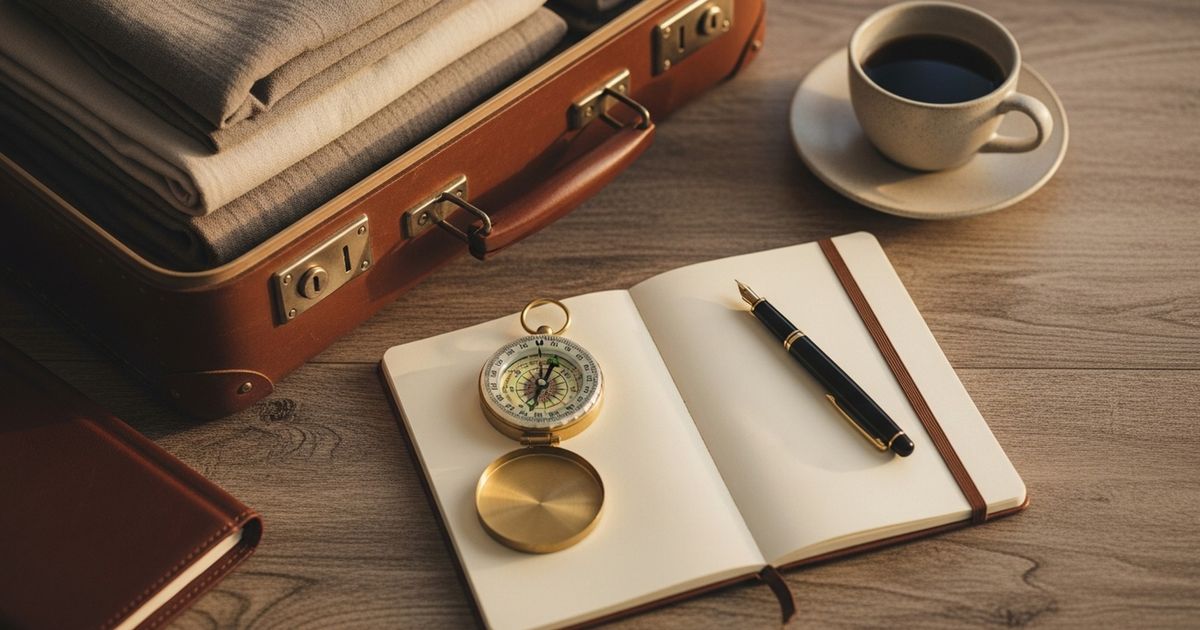 Hyper-realistic close-up of travel-planning objects — compass, blank notebook, and suitcase — arranged on a warm wooden table to evoke tour planning and travel strategy.