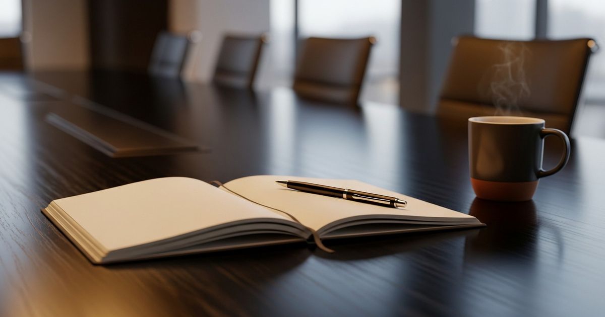 Hyper-realistic editorial image of a modern conference table with notebook and pen, warm tones — representing strategic SEO planning for IT services