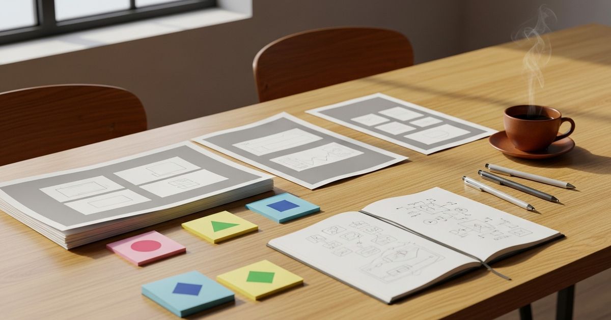Conference table with printed SEO page template wireframes, sticky notes, and sketches representing an intent-driven template design process